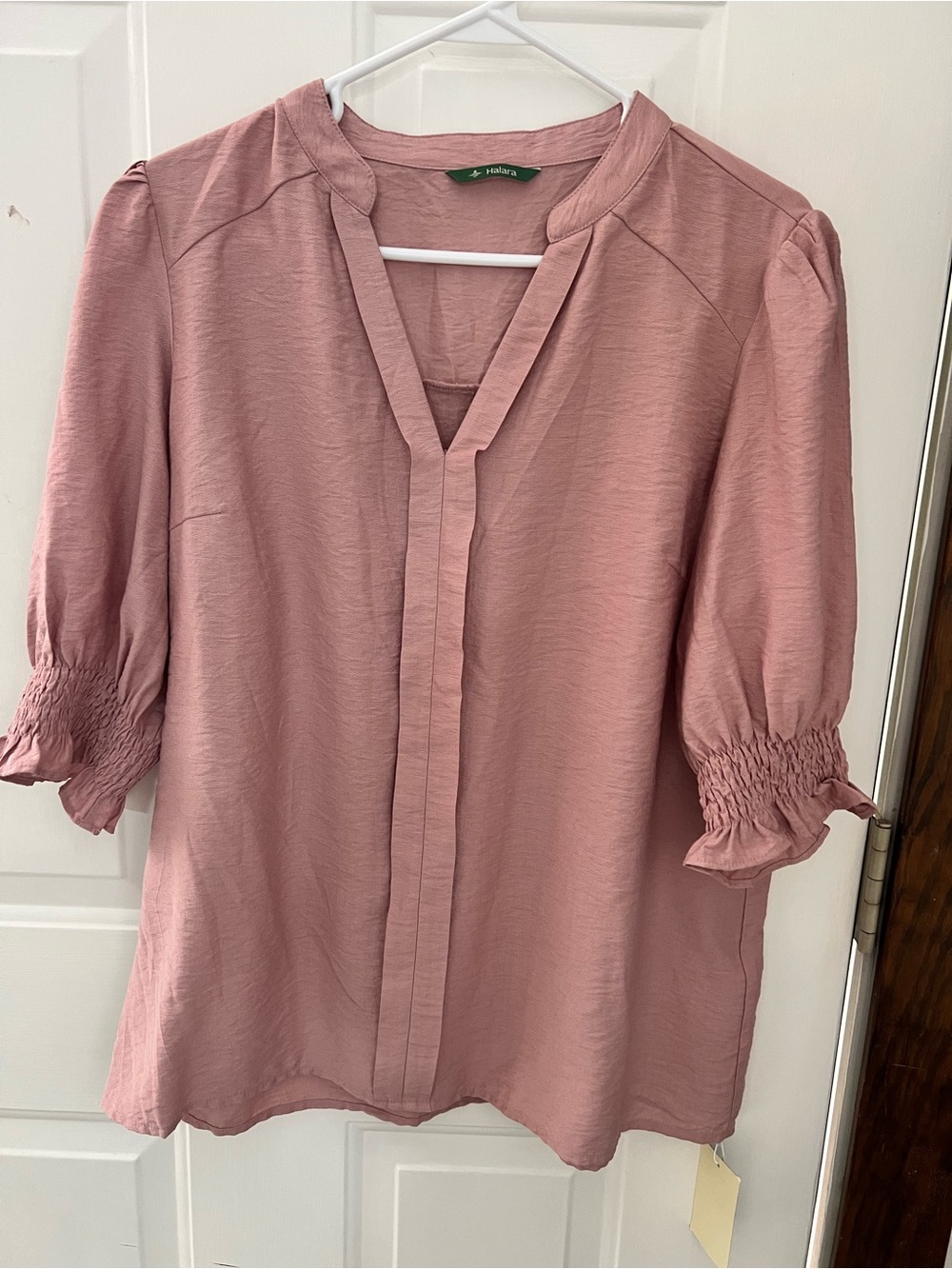 HALARA Dusty Rose V-Neck Smocked Sleeve Blouse